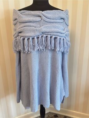 Soft Surroundings Light Blue Off-Shoulder Fringe Cable Knit Sweater
